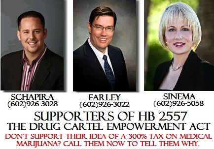 Arizona Senator Kyrsten Sinema, Senator David Schapira, 
             and Representative Steve Farley want to put a 
             300% tax on medical marijuana and sponsored Arizona Bill HB2557